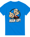 Blå t-shirt med tecknad sjöman, Popeye, som pekar mot betraktaren och texten “Man Up!”