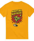 Gul t-shirt med färgglad martini-illustration och texten ”Martini Mayhem!”.