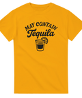 Gul t-shirt med texten "MAY CONTAIN Tequila" och glas med lime