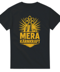 Svart t-shirt med gul atom-symbol och texten "Mera Kärnkraft"