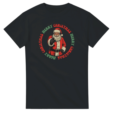 Svart t-shirt med retro ond tomte och texten Merry Christmas i rött och grönt