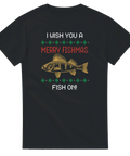 Svart jul-t-shirt med abborre och texten I wish you a Merry Fishmas – Fish On i ugly Christmas sweater-stil
