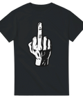 Svart t-shirt med stor vit illustration av en hand som visar långfingret – ett klassiskt fuck you-motiv för dig med attityd