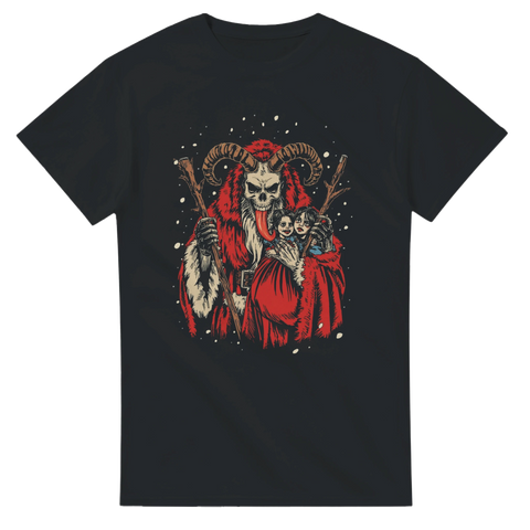 Svart t-shirt med tecknad demonisk krampus i röd kåpa och snöfall