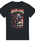 Cool t-shirt med retro metaldesign föreställande fågel på dödskalle i eld och texten Doom Lord