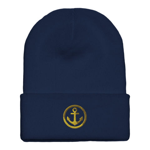 Broderad vintermössa med gyllene ankare