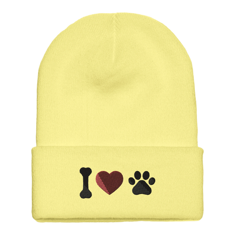 gul mössa med broderat hundmotiv Dog Lover