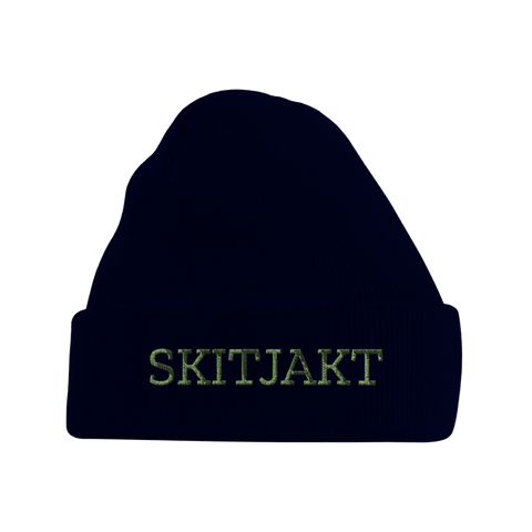 Mörk mössa med mudd och broderad text Skitjakt