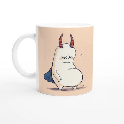 Keramisk mugg med humoristiskt motiv av kaggedemon – rolig mugg för kaffe och te