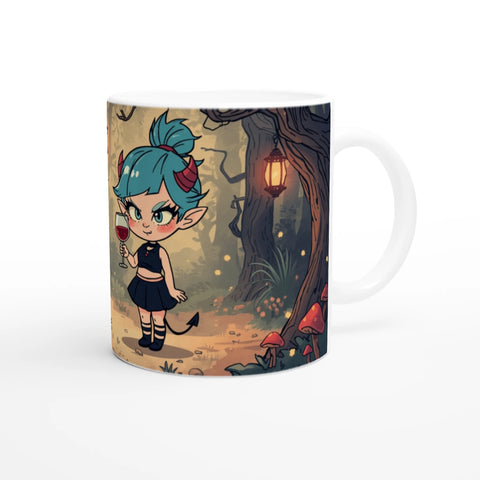 Mugg med söt fantasyfigur “Lilla Fy” i skogsmiljö, illustration i färg. Parodi på Lilla My. 