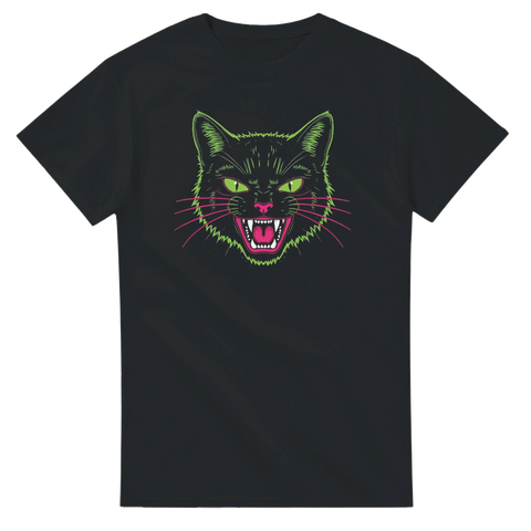 Neon Cat t-shirt med arg katt i neonstil – svart