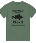 Grön t-shirt med svart abborre och text "NORDIC ANGLER SUPPLY PERCH Perca fluviatilis"