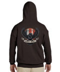 Hoodie med nordisk mytologi, korp, runor och texten Nordic Spirit