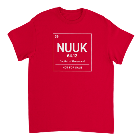 Röd t-shirt med grafiskt motiv av en periodisk ruta för Nuuk