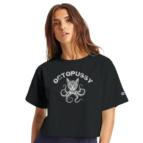 Octopussy cropped dam-tshirt från Champion med humoristiskt katt-bläckfiskmotiv