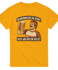 Gul t-shirt med retroillustration av man som höjer en sejdel och texten ”Ölhävning är en sport och jag är en atlet”.