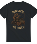 T-shirt med hot rod, eldflammor och texten Old Steel No Rules, perfekt för raggare och hot rod-fans

