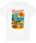 Vit t-shirt med solstol, parasoll och ölburk, texten ”Ölsemester”.