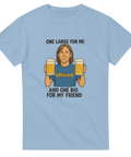 Ljusblå t-shirt med rolig illustration av Ola-Conny från Ullared som håller två stora öl och texten ”One large for me and one big for my friend – Ullared”.