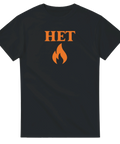Svart t-shirt med orange text “HET” och en stiliserad flamma – kaxig design för chiliälskare och grillfantaster.
