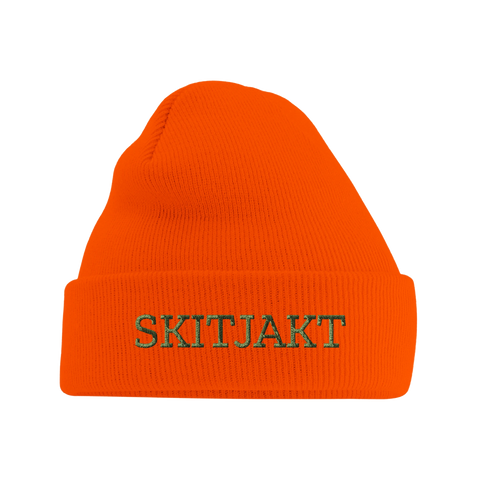 Orange mössa med mudd och broderad text Skitjakt