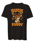 Svart oversized t-shirt med kaxig hjortillustration och texten Buck Fuddy