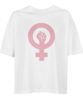 Vit oversized t-shirt för dam med feministisk symbol i rosa