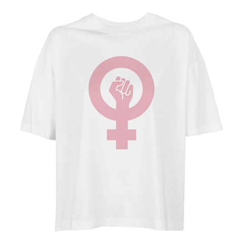 Vit oversized t-shirt för dam med feministisk symbol i rosa