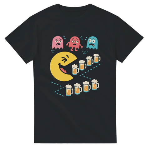 Svart t-shirt med Pacman-liknande figur som jagar ölsejdlar och rädda spöken, texten ”Packad Man”.