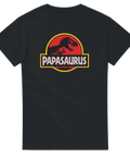 Svart t-shirt med röd dinosaurie och texten Papasaurus i filmstil