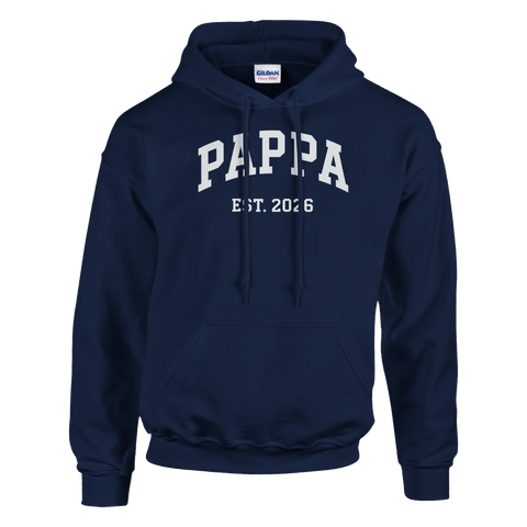 Hoodie med vit text Pappa est. 2026 i collegestil