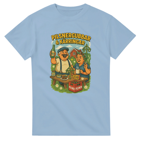 Blå t-shirt med glada pilsnergubbar och texten ”PilsnerGubbar & Kärringar”, klassisk svensk ölkultur.