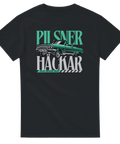 T-shirt med pilsnerhäckar-tryck, retroinspirerad design med raggarbil och texten "Bilar, brudar, bärs", perfekt för raggare och bilentusiaster
