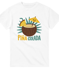 Vit t-shirt med kokosnöt, ananas och parasoll – texten ”Piña Colada” i färgglad design.