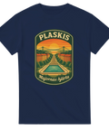 Marinblå t-shirt med retroinspirerad illustration av Plaskis – utomhusbassängen i Majorna, Göteborg, med texten “Majornas hjärta”.