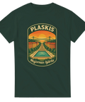 Grön T-shirt med retroinspirerad illustration av Plaskis – utomhusbassängen i Majorna, Göteborg, med texten “Majornas hjärta”.
