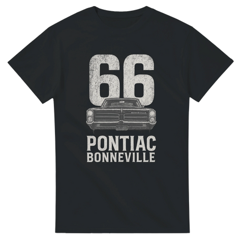 T-shirt med motiv av en Pontiac Bonneville 1966 och stor siffra 66, perfekt för raggare och USA-bilsfantaster
