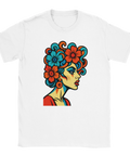 Stiliserad kvinna i profil på popart t-shirt med blommor som hår.