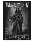 Poster med motiv av pestdoktor och texten Black Death European Tour 1347-1351