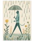 Poetisk illustration av en långbent katt med paraply i regnet – grafisk poster