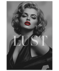 Svartvit poster med elegant kvinna och texten “Lust” i sensuell stil