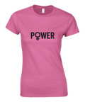 Rosa feministisk T-shirt med texten POWER och kvinnosymbol