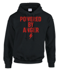Svart hoodie med stor röd text "POWERED BY ANGER" och blixtsymbol