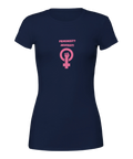 Mörk damt-shirt med rosa feministisk symbol och texten "Feminist? Javisst!"