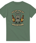 Grön t-shirt med tecknad kapsylöppnare som håller två ölflaskor och texten “Pscht Pscht Madafaka”.