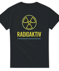Svart t-shirt med gul radioaktivitetssymbol och texten "Radioaktiv", perfekt för humor, statement eller festival.
