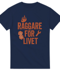 Blå t-shirt med texten "Raggare för livet" och symboler för eld, tärningar och verktyg