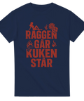Marinblå t-shirt med röd text: Raggen går kuken står och raggarsymboler

