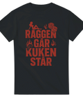 Svart t-shirt med röd humoristisk text: Raggen går, kuken står – motiv med flammor, pinup och tärningar i raggardesign