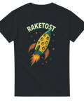 Svart t-shirt med raket formad som en ost och texten "RAKETOST"